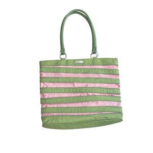 baggallini Zip Around TOTE Double Strap Travel Beach Bag Green Pink Nylon Expand